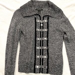 White | Black Woman’s size small zip-up sweater cotton/wool/rayon w/ velvet trim